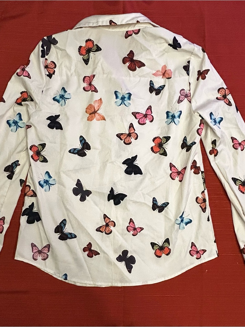 White Butterfly Print Long-Sleeve Button Up Shirt